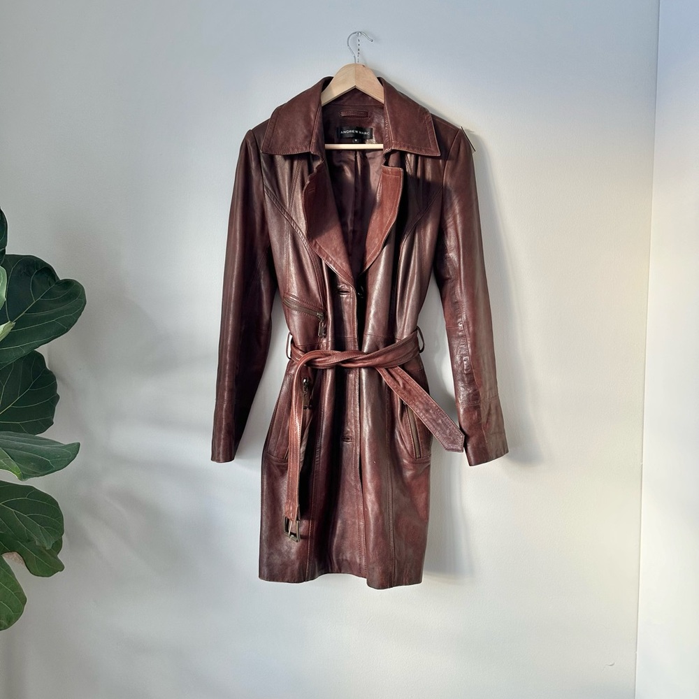 VTG 90s Y2K Belted 100% Leather Trench Jacket Grunge eclectic grandpa western